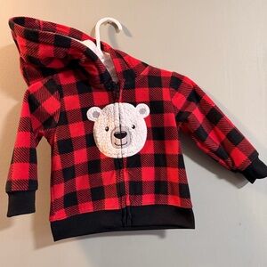 Plaid Red and Black Kids Hoodie with Bear Design